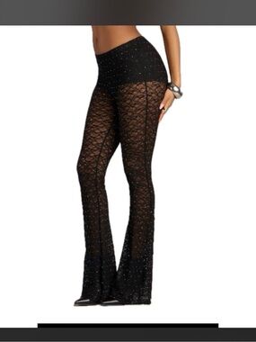 Windsor Sheer Lace Flared Pants with Rhinestone Detail - Black